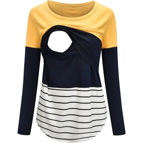 2021 Spring Lace Stripe Stitching Long-Sleeved Breastfeeding Tops T-shirt Nursing Maternity Tee P0209