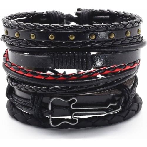 5 Pcs/set Punk Casual Woven Leaf Feather Wing Skull Guitar Charm Wrap Men Leather Bracelets Women Homme Femme Male Jewelry