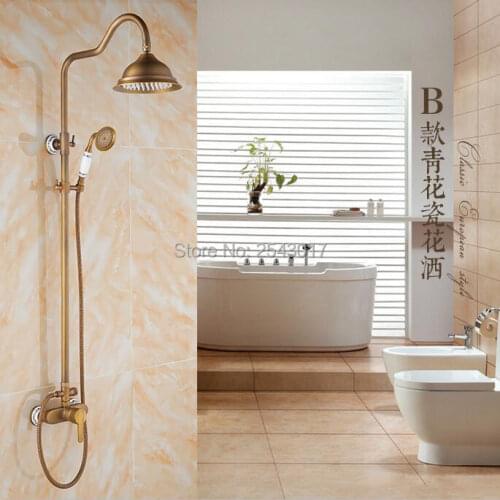 8" Bathroom Rainfall Shower Set Antique Brass Wall Mounted Shower Mixer Taps + Ceramic Handheld Shower ZR16