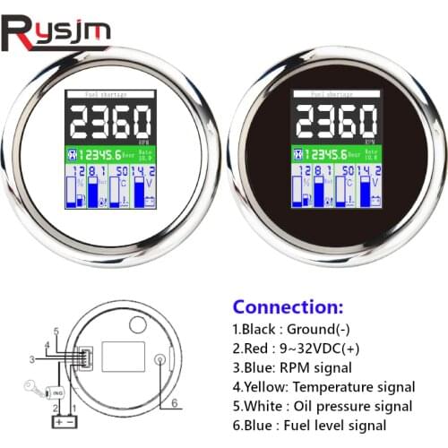 85mm 5 in 1 Multi-functional Gauge Meter Digital Marine Tachometer Fuel Level Gauges Oil Pressure 0~10Bar water temp meter Alarm