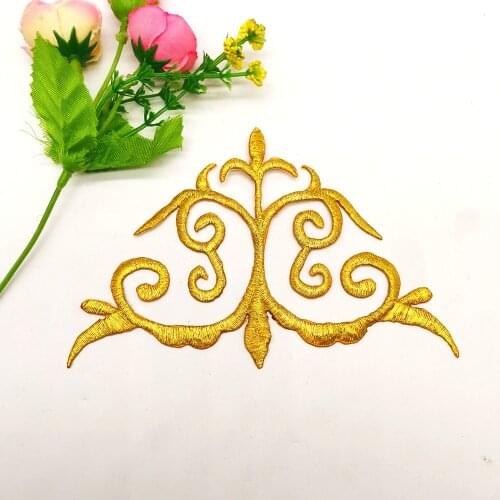 5 Pieces/Lot Gold Embroidery Fabric Applique Iron on Silver Flower Trim 15.5cm*10.5cm