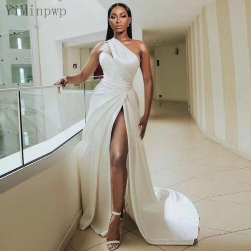 YiMinpwp White Evening Dresses One Shoulder Thigh-High Slits Sweep Train Pleats Long Formal Women Prom Party Gowns vestidos