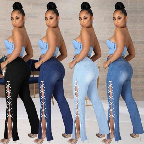 Fashion High Waist Split Denim Pants Women Bandage Pocket Zipper Flares Trousers Party Streetwear