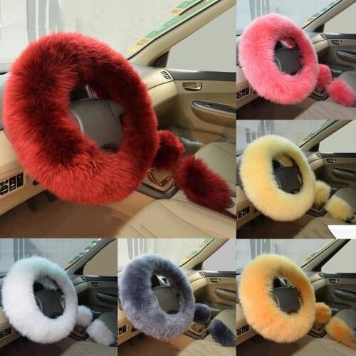 Sheepskin Wool Car teering Wheel Cover Leather Handle Cover Handbrake Cover Gear Cover Three-piece Set Auto Interior Accessory