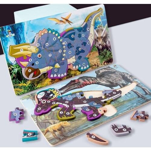 Kids Wooden Number Letter Blocks 3D Dinosaur Jigsaw Puzzle Interactive Game Early Educational Toy