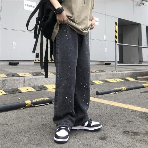 2021 New Jeans Fashion Splash Ink Streetwear High Waist Wide Leg Denim Pants Harajuku Black Grey Boyfriend Baggy Trouser