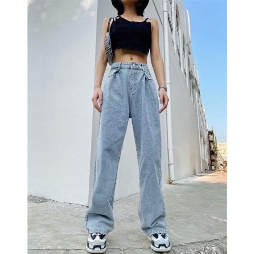 Spring and autumn new style casual solid color pleated low-waist jeans women, pure cotton washed water thinner wide-leg jeans