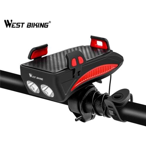 WEST BIKING Bicycle Front Light Bike Lamp Flashlight 4 in 1 Cycling Light Phone Holder Power Bank Bell USB Rechargeable Lights