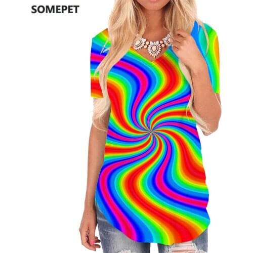 SOMEPET Dizziness T Shirt Women Rainbow V-neck Tshirt Colorful T-shirts 3d Harajuku Funny T shirts Womens Clothing Hip hop Cool