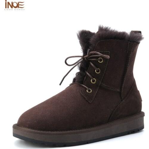 INOE Real Sheepskin Suede Leather Women Casual Short Winter Snow Boots Natural Wool Sheep Fur Lined Ankle Warm Shoes Brown