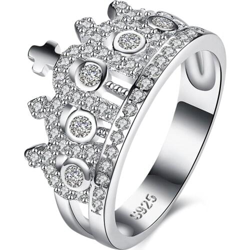 ZEMIOR Genuine 925 Sterling Silver Engagement Rings For Women Shiny Cubic Zirconia Princess Crown Ring Romantic Silver Jewelry