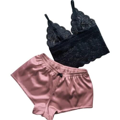 2 Pcs Sexy Lingerie Solid Color V-Neck Lace Sleeveless Crop Top+Underpants Shorts for Women Exotic Sets