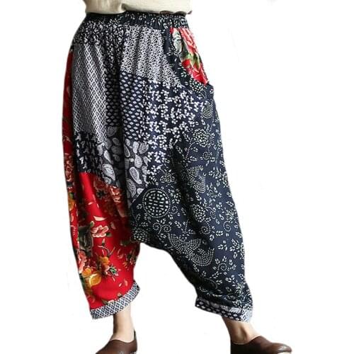 Summer Women Cotton Linen Pants Vintage Literary Stitching Contrast Color Nine Pants Female Patchwork Loose Wide Trousers Casual