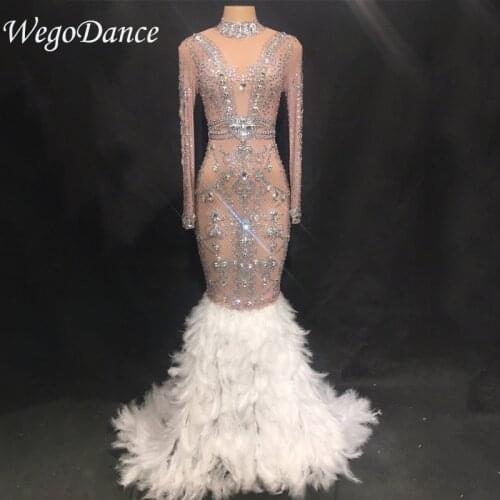 New Fashion Luxurious Sparkly Crystals See Through Mesh Long Feather Dress Birthday Celebrate Stones costume Bridal Dresses