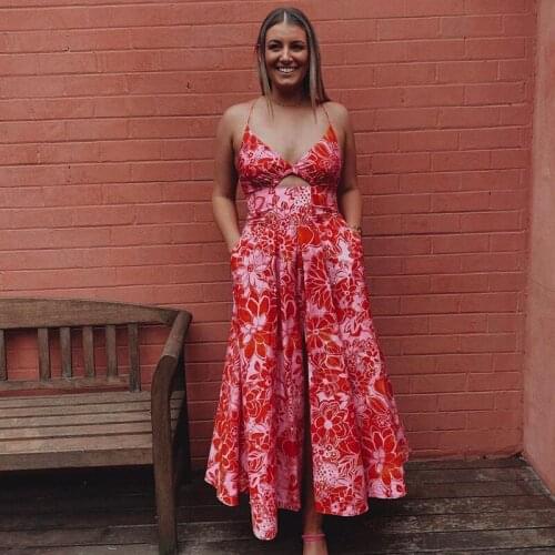 New Party Dresses Red Floral Boho Fashion Dress for Women Hollow Sexy V-neck Strap Mid-length Vintage Elegant Summer Streetwear