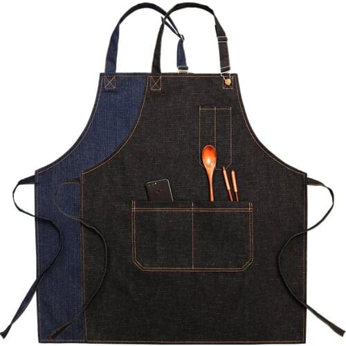 Solid Denim Hairdresser Apron Canvas Master Apron For Kitchen Accessories House Cleaning Cooking Baking Pocket Coffee Pinafore