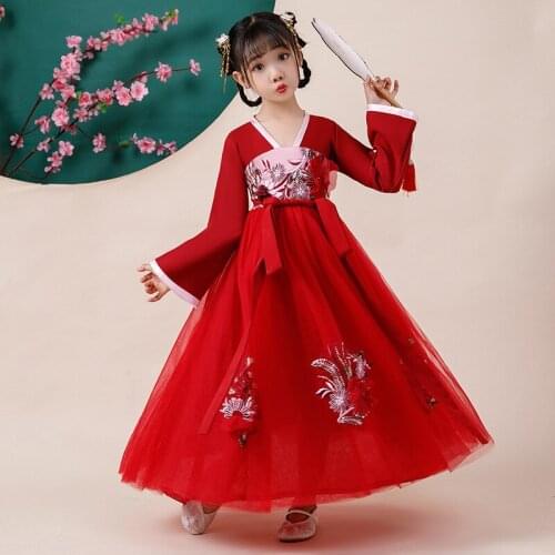 Hanfu Girls Autumn Long Sleeved Cotton Dress Chinese Style Ancient Costume for Girl Red Tang Dress Flower Breast Length