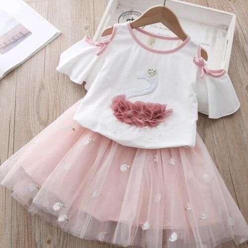 Girls Dress New Summer Kids Girl Party Dresses White Swan embroidery Unicorn Baby Girls Suit Girl Cute T-shirt and dress suit