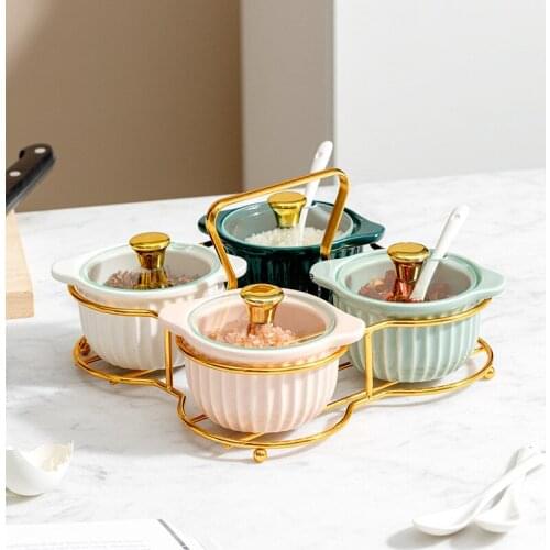 Nordic Light Luxury Ceramic Seasoning Jar Combination Set Kitchen Spice Salt Sugar Jar With Spoon Cover Sealed Seasoning Box