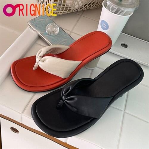 Orignice Fashion Summer Women Square Toe Pinch Sandals New Design Sheepskin Flip Flops Round Heel Solid Color Slippers Shoes