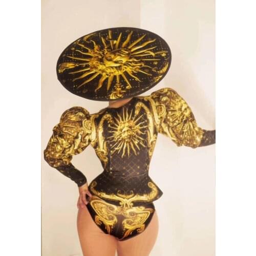 Sun golddess stage show costume women dj singer dancer party show bodysuit big hats wear