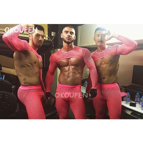 Sexy Hollow Perspective Fluorescent Pink Half Mesh party costume Nightclub bar male Wear stage show dance outfit