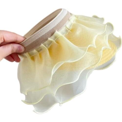 Girls Straw Sun Visor Hat Children Empty Top Adjustable Pleated Transparent Tulle Ornaments Seashore Outdoor Playing Cap