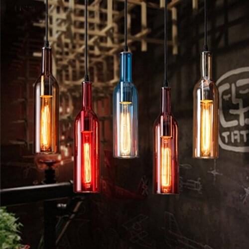 Modern Creative Wine Bottle Deco Glass Pendant Lamps Personality Color Retro Living Room Restaurant Cafe Bar Led Pendant Lights