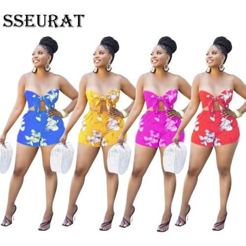 SSEURAT Women Set Floral Print Sleeveless Strapless Bandage Crop Tops Strechy Shorts Two 2 Piece Sets Sexy Outfits Summer