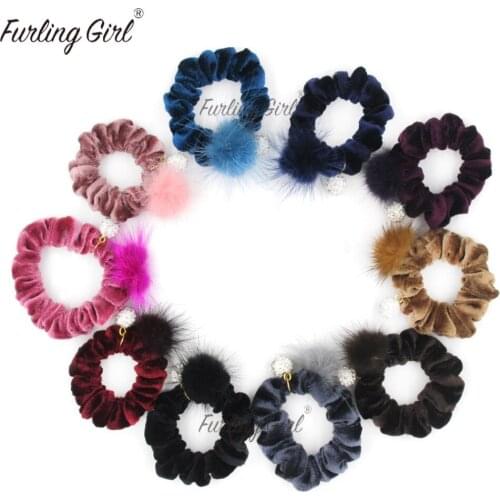 Pack of 2 Quality Velvet Scrunchies with Mink Fur Pom Pom Ball and Rhinestone Ball Charm Girl Elastic Hair Bands