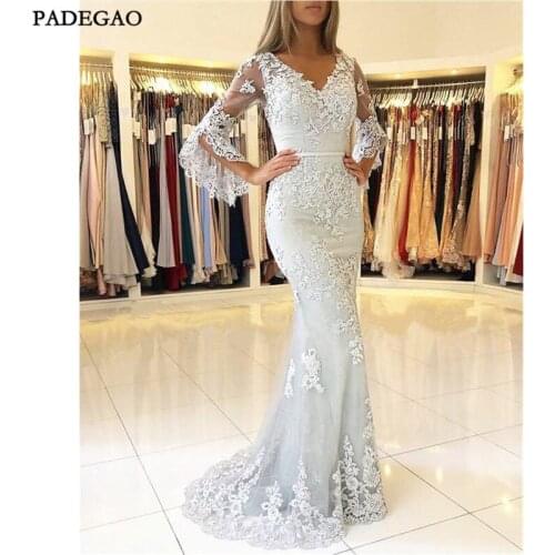 Elegant Lace Evening Dress Mermaid Appliques Floor-Length Long Sleeves Tulle Evening Dresses Sweep Train Vestido de noche