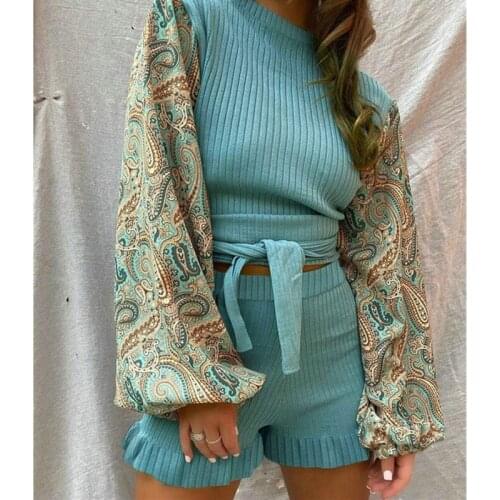 2021 Spring Vintage Lantern Sleeve O-neck Bandage T Shirt and Shorts Two Piece Set Floral Print Patchwork Casual Streetwear Tops