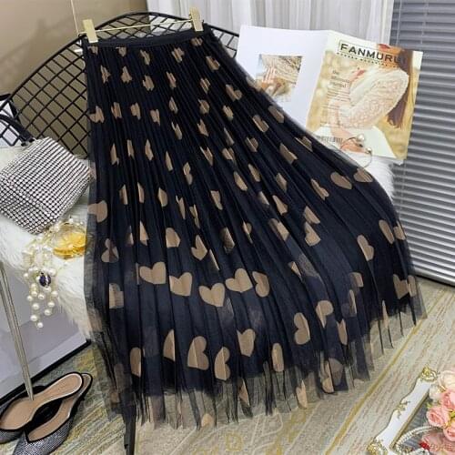 High waist pleated skirt women autumn winter 2020 new Korean love mesh print skirt Vintage long pleated yarn woman skirts