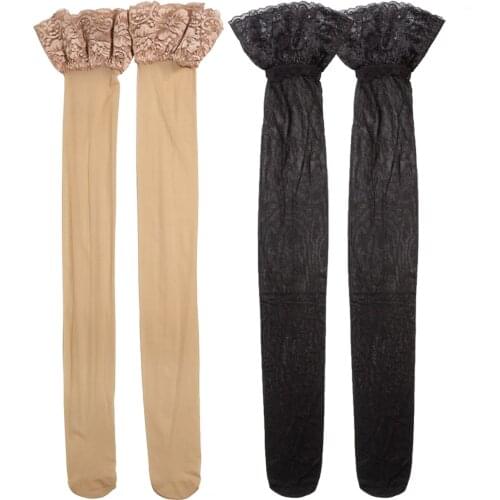 Women Sexy Oily Reflective Lace Thigh High Stockings Casual Ladies Over Knee Long Tube Silky Pantyhose Lingerie Spandex One Size