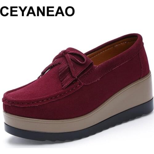 CEYANEAO2019 Suede Leather Winter Woman Platform Shoes Slip On Sneakers Tassel Shoes Fringed Loafers Women Shoes E032