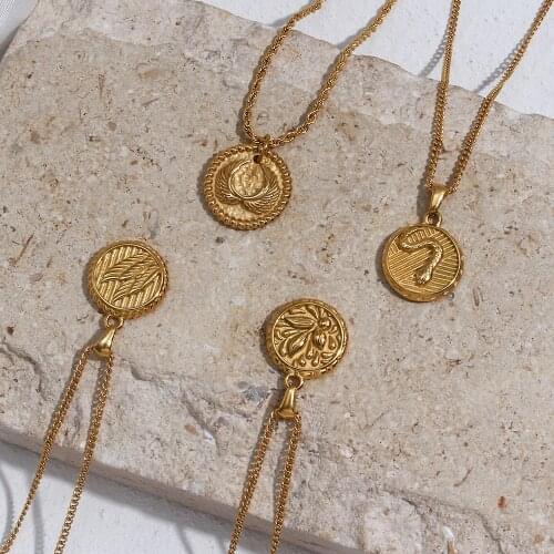 Goth Choker Jewelry Flower Snake Wings Curved Coin Pendant Medallion Plated Gold Necklaces For Women Stainless Steel Mens Chain