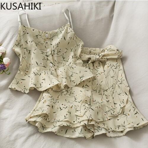 KUSAHIKI Korean Printing 2Pieces Outfits Women Short Ruffle Buttons Sling Blouse + Bow Bandage Wide Leg Shorts Skirt Sets 6F386