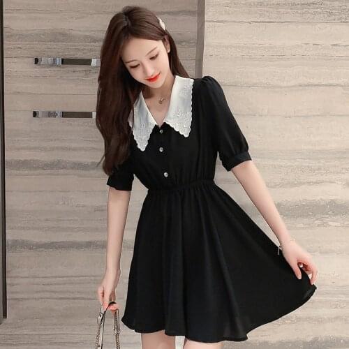 COIGARSAM French Style Womens one-piece Korean Summer High Waist Dresses Top Black Dress 920