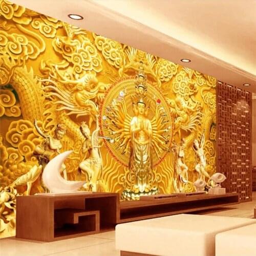 Beibehang Custom 3d wallpaper Good golden Avalokitesvara buddha wall paper background wall decorative painting