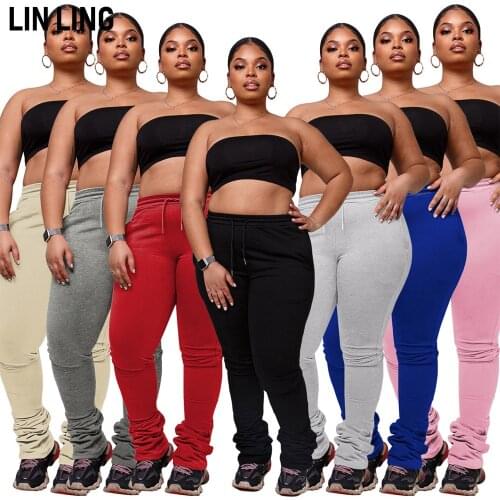 LINLING Large Solid Drawstring Pocket Stack Pants Casual Sports Pants Exercise Fitness Stretch High Waist Tights