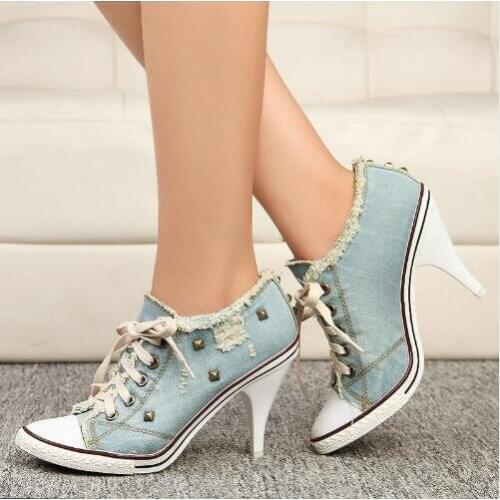 Brand C boots Women sexy Thin High Heel Lace-Up Rivets Jeans Denim Shoes Fashion Casual Canvas Shoes female Pumps