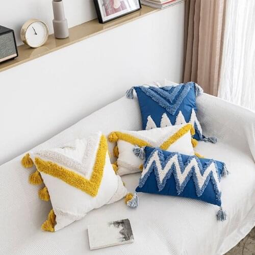 Practical Throw Pillow Covers Boho Modern Tribal Decoration Blue Tufted Fringe Tassel Couch Cushion Case for Bedroom Living Room