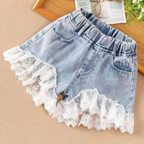 Girls Denim Shorts Teenage Girl Summer Lace Pants Kids Bow Clothes Children Flowers Embroidery Jean Short For Teenager