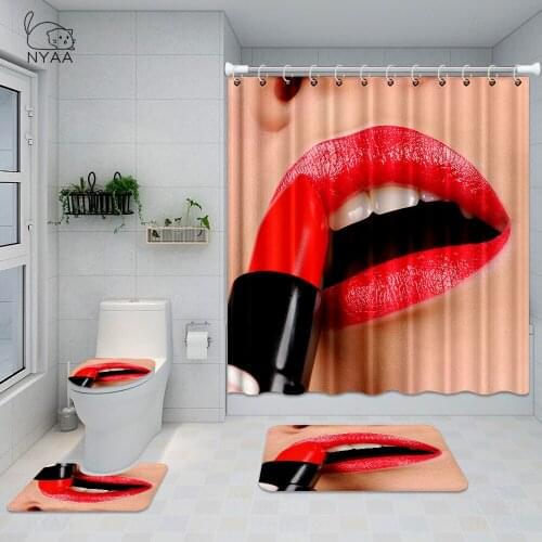 Elegant Cosmetic Make Up Lipstick Shower Curtain Pedestal Rug Lid Toilet Cover Mat Bath Mat Set Bathroom Curtains With Hooks