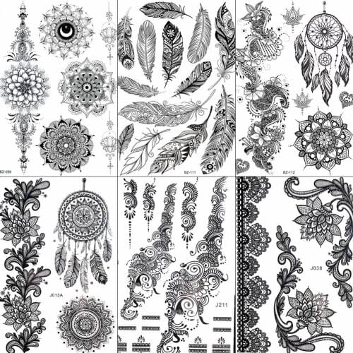 FANRUI Feather Black Henna Chains Temporary Tattoo Sticker Mehndi Fake Tatoo Waterproof Hamsa Hand Body Art Arm Tattoo DIY