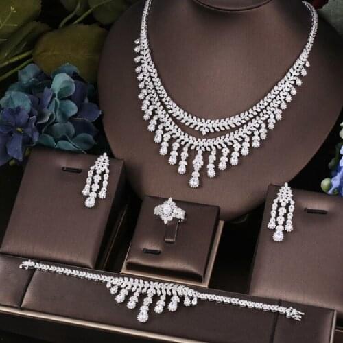 Janekelly 4pcs Bridal Zirconia Full Jewelry Sets For Women Party, Luxury Dubai Nigeria CZ Crystal Wedding Jewelry Sets