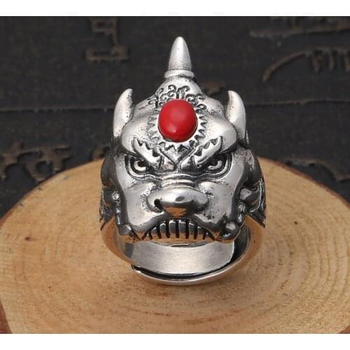 100%S925 sterling silver ring old Thai silver personality male domineering lucky south red stone ring