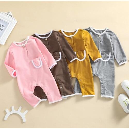 FOCUSNORM 0-24M Autumn Baby Girls Boys Causal Rompers 4 Color Solid Color Long Sleeve Pocket Jumpsuits