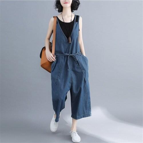 Summer Women Casual Loose Washed Denim Jumpsuit V-Neck Wide Leg Bib Pants Female Large Size Drop Crotch Rompers