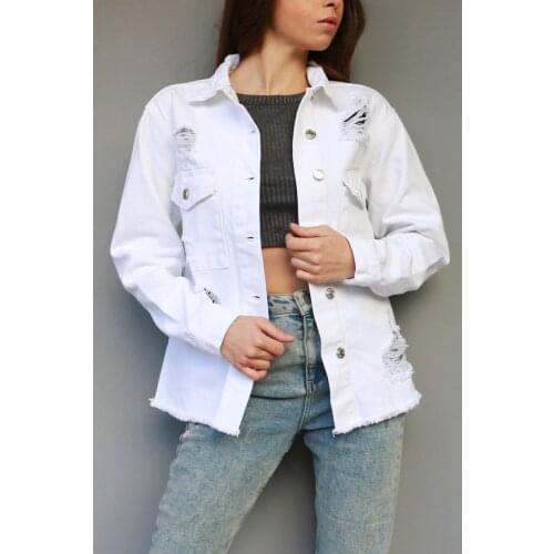 Jean Jacket Women Clothes White Denim Coat 2021 New Washed Blue Ripped Jeans Turn-down Collar Outwear Blue Bomber Casual